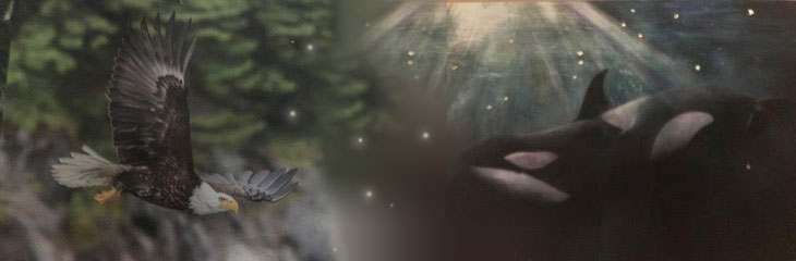 Combined image of an eagles soaring and a whale gliding through environments that melt into a field of stars